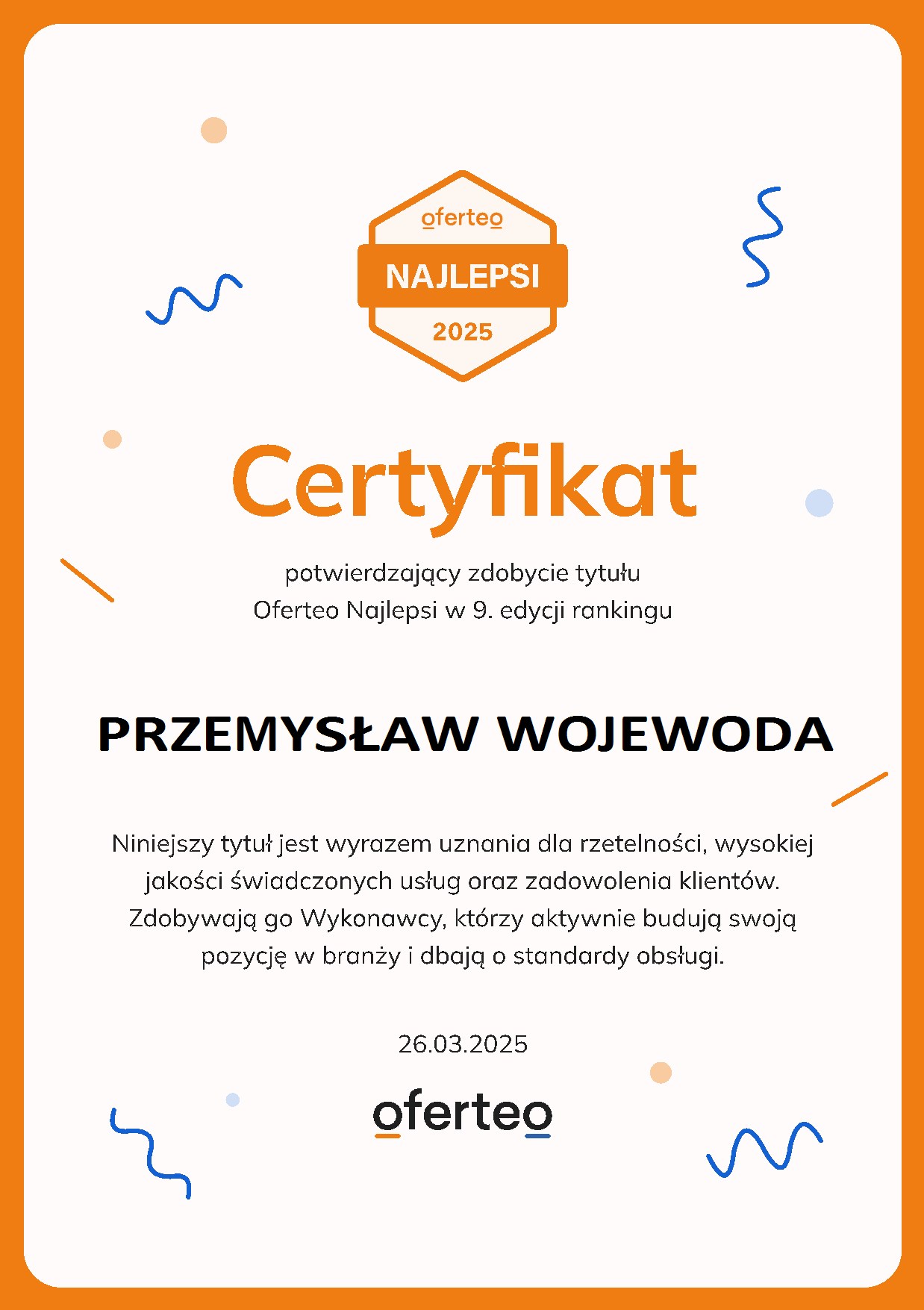 Certyfikat Przemysław Wojewoda Najlepsi Oferteo Kredyt Hipoteczny